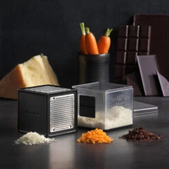 Microplane Cube Grater -Chefs Knives Store MP34002 Microplane Cube Grater Black with Grated Foods
