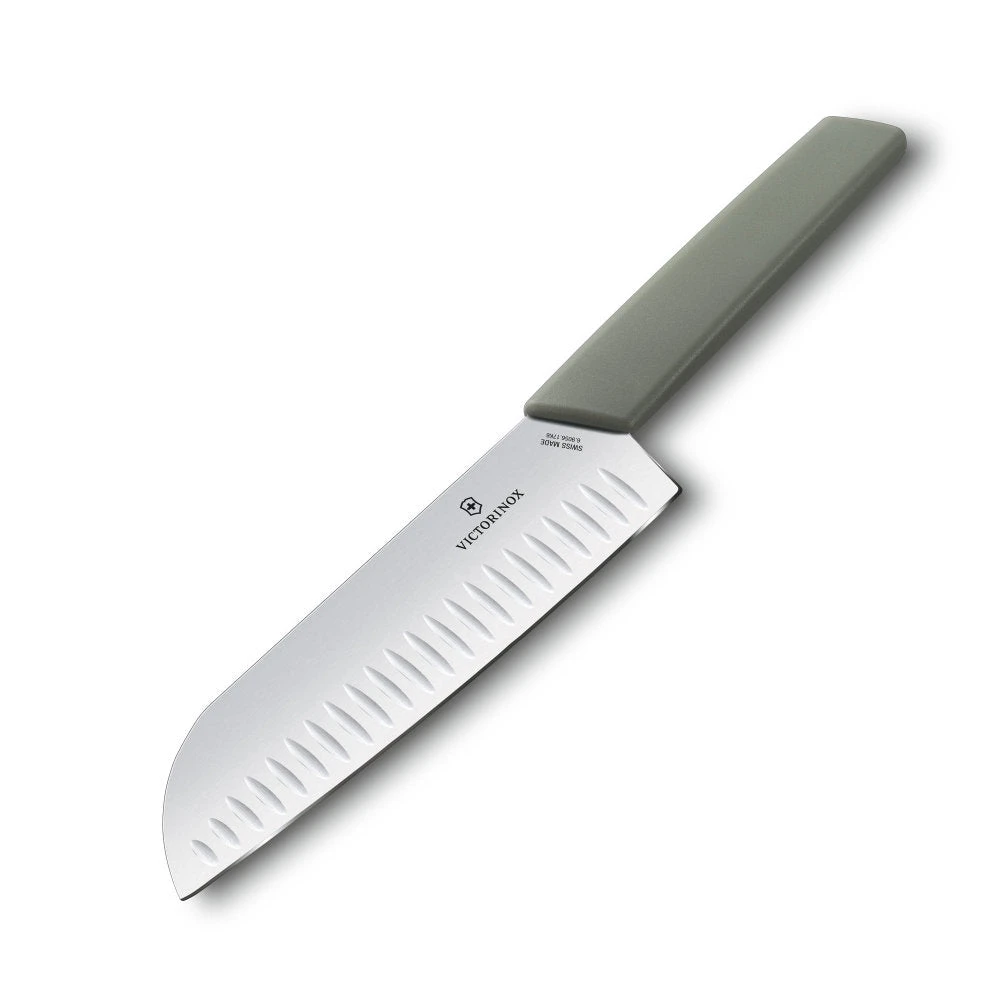 Swiss Modern Colors 7.5" Granton Edge Santoku Knife In Olive Green By Victorinox 3 Swiss Modern Colors 7.5" Granton Edge Santoku Knife In Olive Green By Victorinox