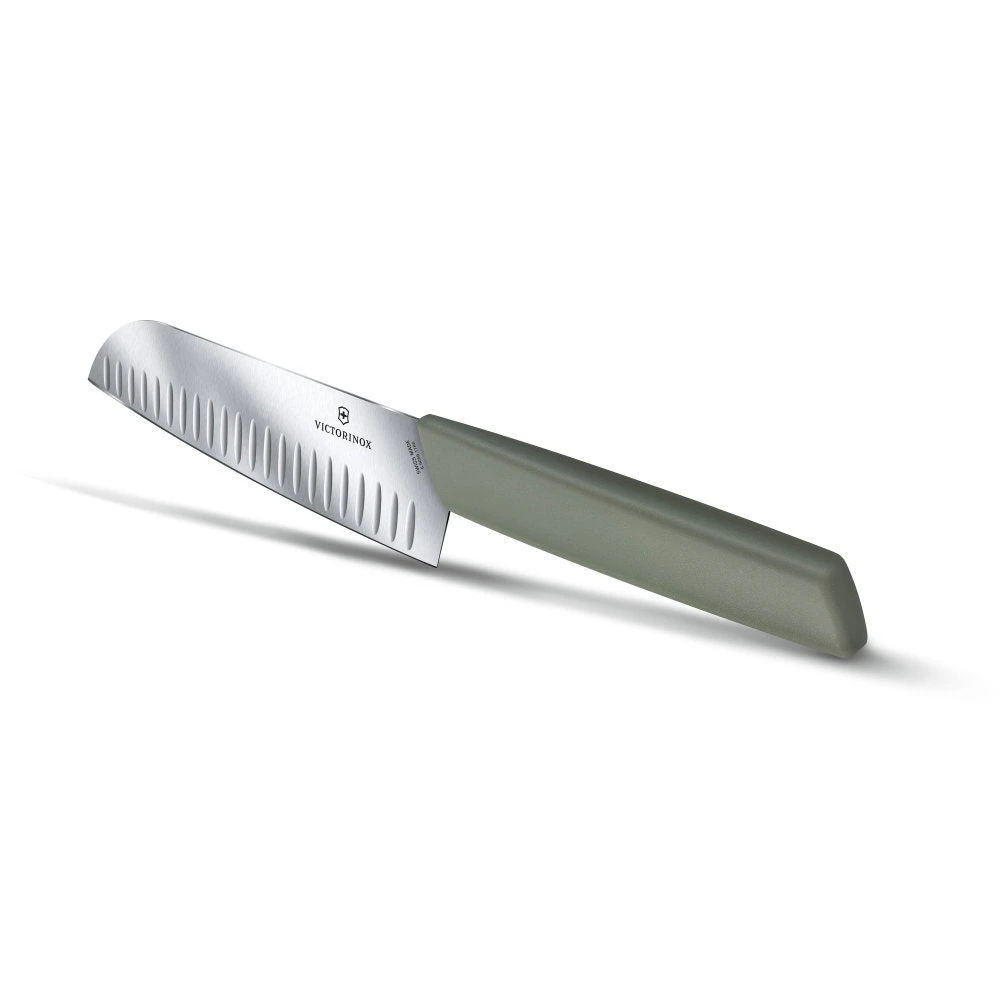 Swiss Modern Colors 7.5" Granton Edge Santoku Knife In Olive Green By Victorinox 4 Swiss Modern Colors 7.5" Granton Edge Santoku Knife In Olive Green By Victorinox - Image 2