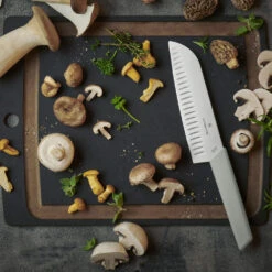 Swiss Modern Colors 7.5" Granton Edge Santoku Knife In Olive Green By Victorinox 15 Swiss Modern Colors 7.5" Granton Edge Santoku Knife In Olive Green By Victorinox -Chefs Knives Store VF6905617K6B Swiss Modern Colors Santoku with Mushrooms